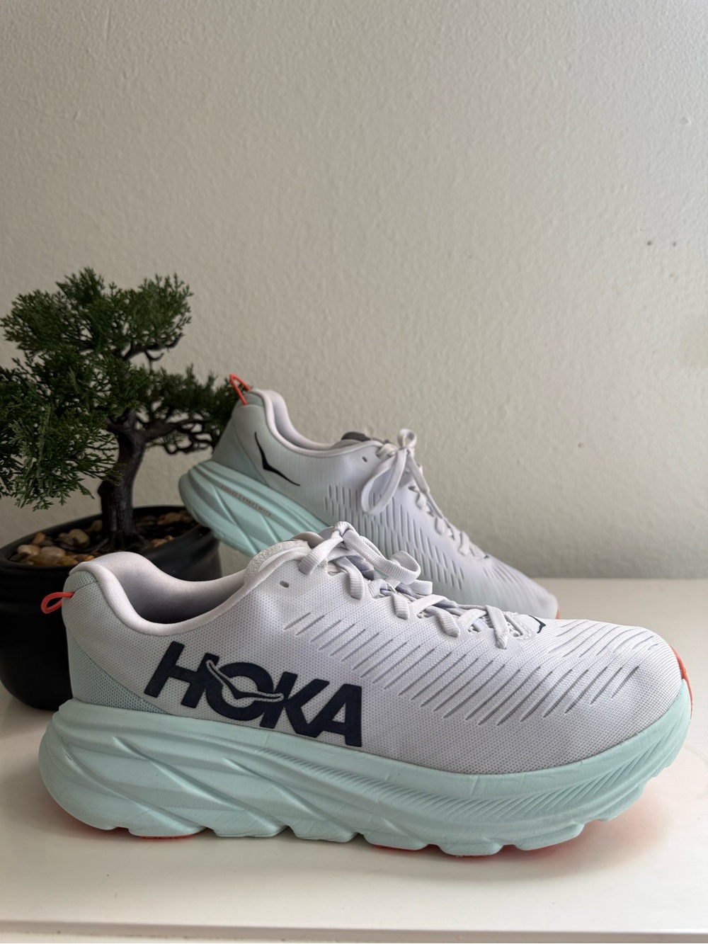 Hoka Rincon 3 women size white and Mint Running Sneakers with Navy Logo